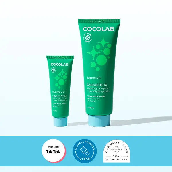 COCOLAB Home & Away Shine Set - 4 oz & 1 oz Cocoshine for Gentle Whitening & Enamel Support - Oral Care Without Fluoride or Sulfates