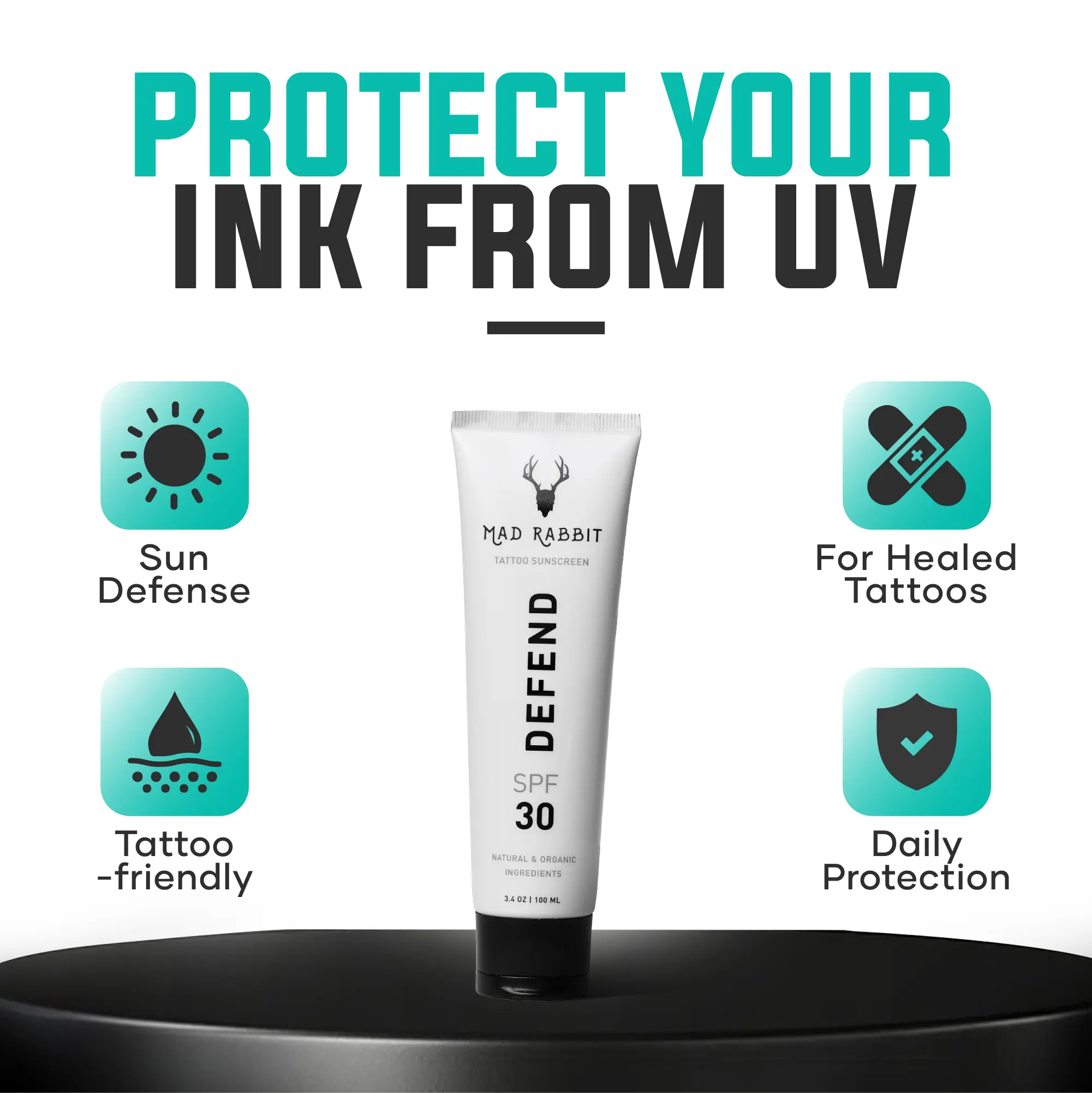 Mad Rabbit Defend Tattoo Sunscreen- SPF 30 100mL Tube- Mineral Sunscreen Lotion - Tattoo Fade Protection and Moisturizer, Anti-Aging Formula