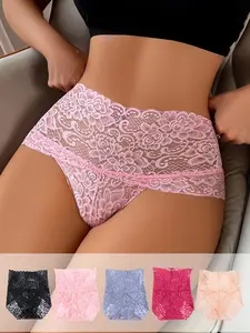 5pcs Sexy High Waisted Lace Underwear Fully Wrapped Hip Top Support Curved Hip Flat Angle Seamless Hollow Underwear in Multiple Colors