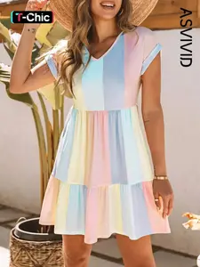 Women's Colorblock Patchwork Ruffle Hem Tee Dress, Casual V Neck Roll Up Sleeve , Everyday for Summer Ladies Daily Wear, Loose, Womenswear