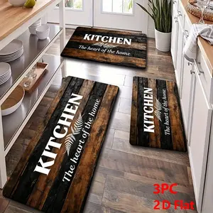 2/3pcs Soft Flannel Kitchen Floor Mat Set, Deep Wood Grain & Fern Pattern, Non-Slip, Absorbent Washable Rug, Rustic Farmhouse Style, Kitchen Rugs Sets