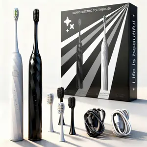 2 Counts Electric Toothbrush Set, USB-C Rechargeable, 5 Modes, 30-Day Battery, 40,000 VPM, 4 Brush Heads(Black & White) Ideal for Home & Gift Daily Oral
