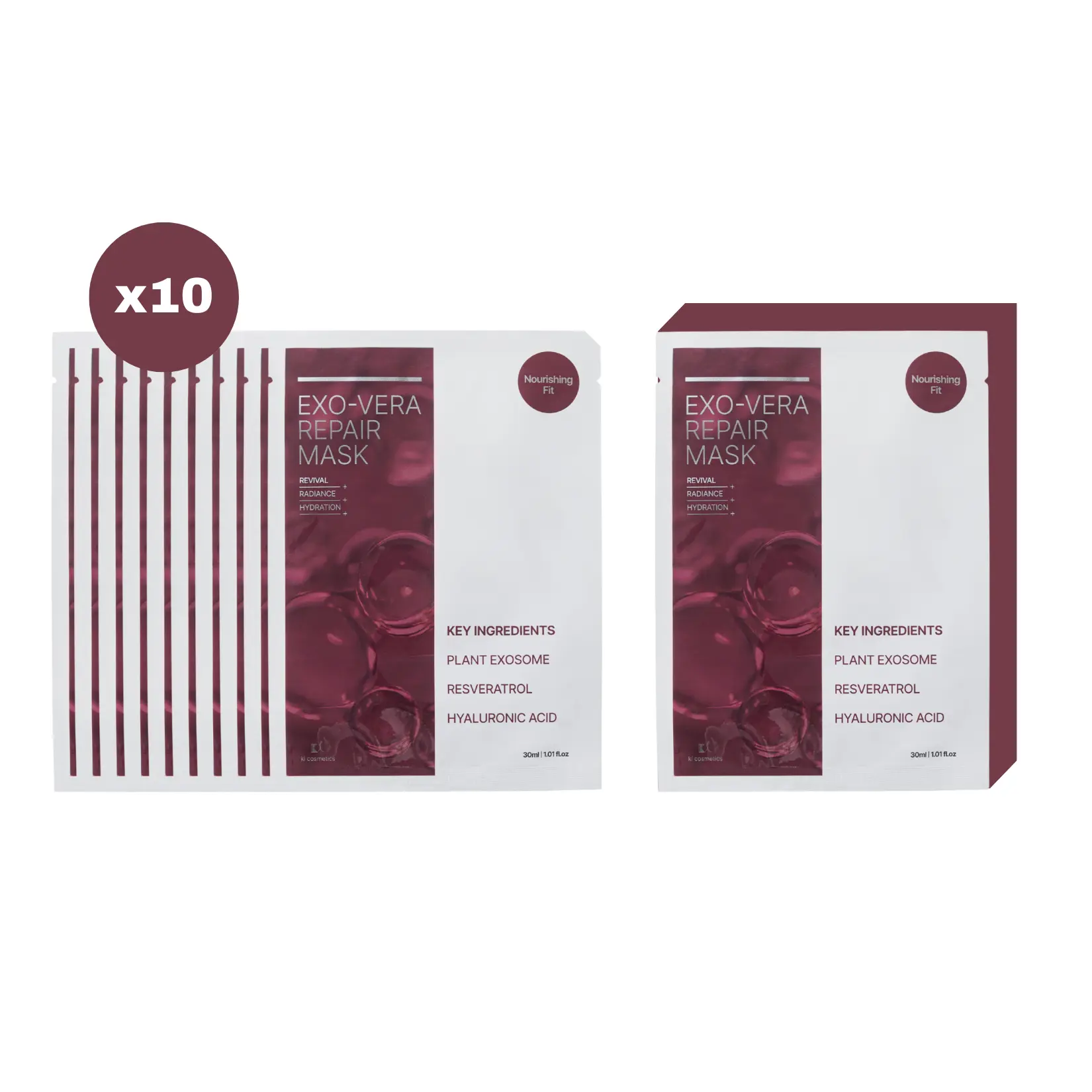 10 Pc KI Exosome Vera Repair Mask Revival Radiance Hydration Boost, Plant Exosome, Resveratrol, Hyaluronic Acid