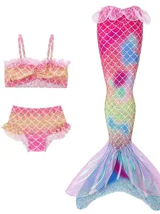 Girls Mermaid Swimsuit Set, Princess Bikini Swimwear with Mermaid Tail Skirt, Children Beach Swimming Performance Costume