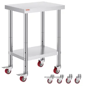 VEVOR Stainless Steel Work Table 24 x 18 x 34 Inch, 700 LBS Load Capacity with 4 Wheels, 3 Adjustable Height Levels, Heavy Duty Food Prep Worktable for Commercial Kitchen Restaurant, Silver