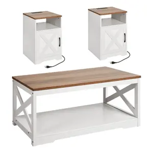 VEVOR 3 Pieces Farmhouse Coffee Table Sets, 40 in Industrial Coffee Table with 2 End Side Tables, Easy Assembly Coffee and End Tables Sets with Charging Station, for Office, Living Room Apartment