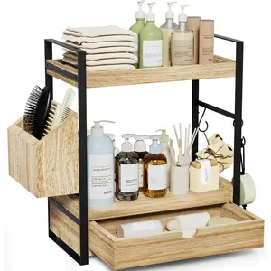 2-Tier Bathroom Counter Organizer with Drawer and Basket, Wood Storage Organizer for Countertop, Skincare Organizer for Vanity, Counter Shelf for Bathroom Organization
