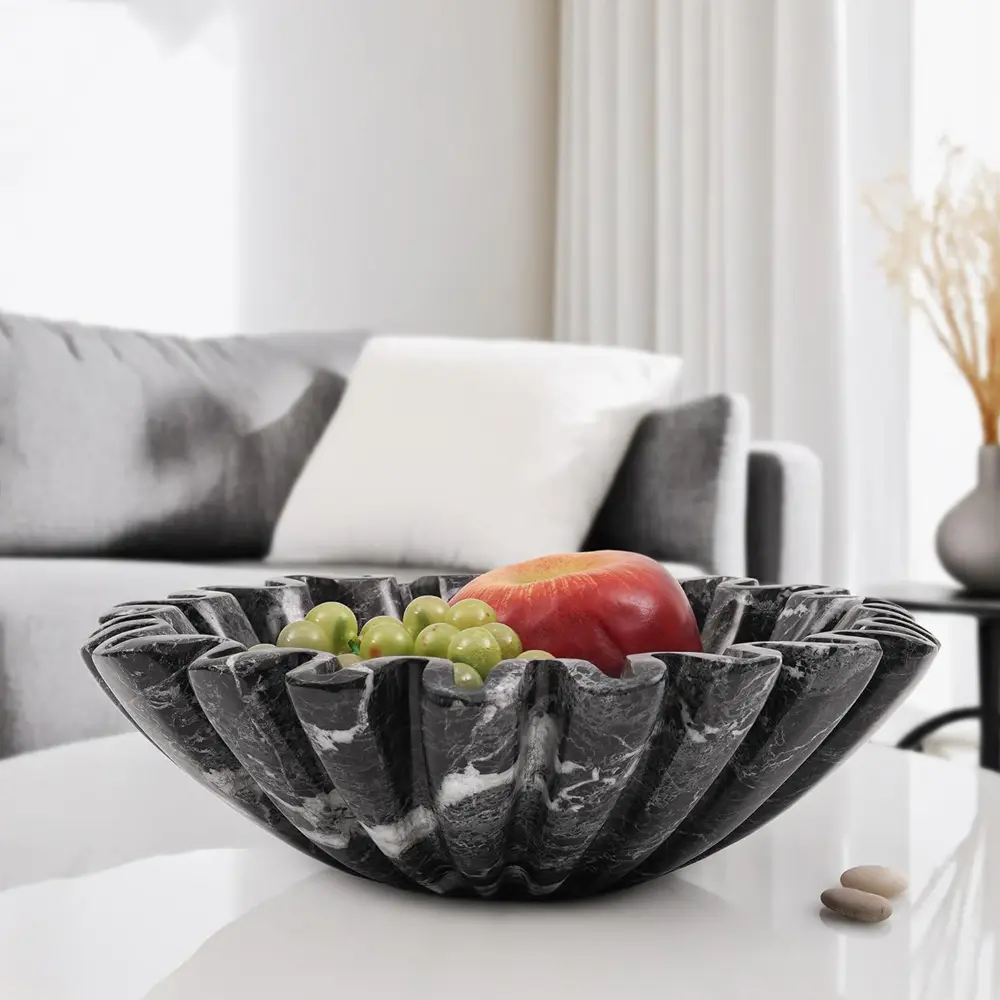 Elborse Marble Decorative Bowl 10 inch Large Fruit Bowl for Kitchen Counter and Dining Table Centerpiece, Stone Ruffle and Scalloped Bowls for Gifts and Home Decor