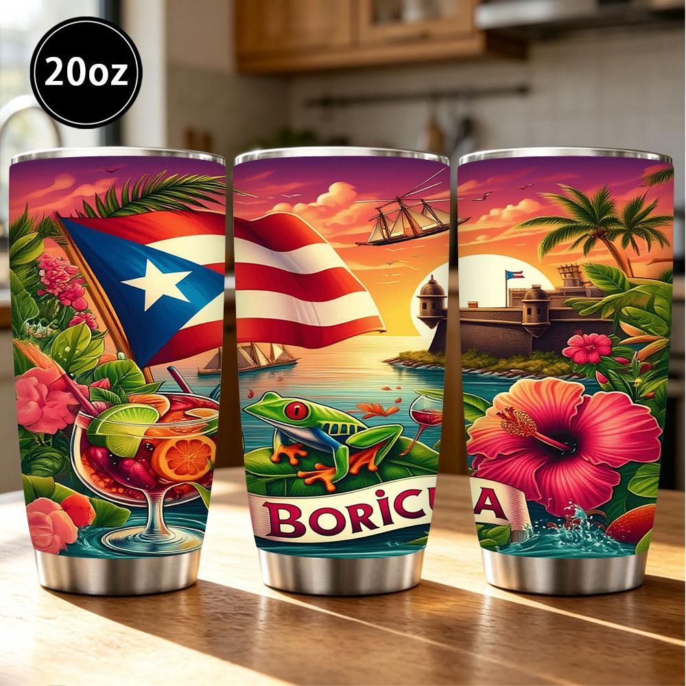 Puerto Rico Boricua Tumbler, Tropical Paradise with Flag, Coqui Frog, Rum Punch, El Morro, Hibiscus, 12/18/20oz Stainless Steel Insulated Cup, Keeps Cold/Hot for Hours, Ideal Gift for Puerto Rican Lovers