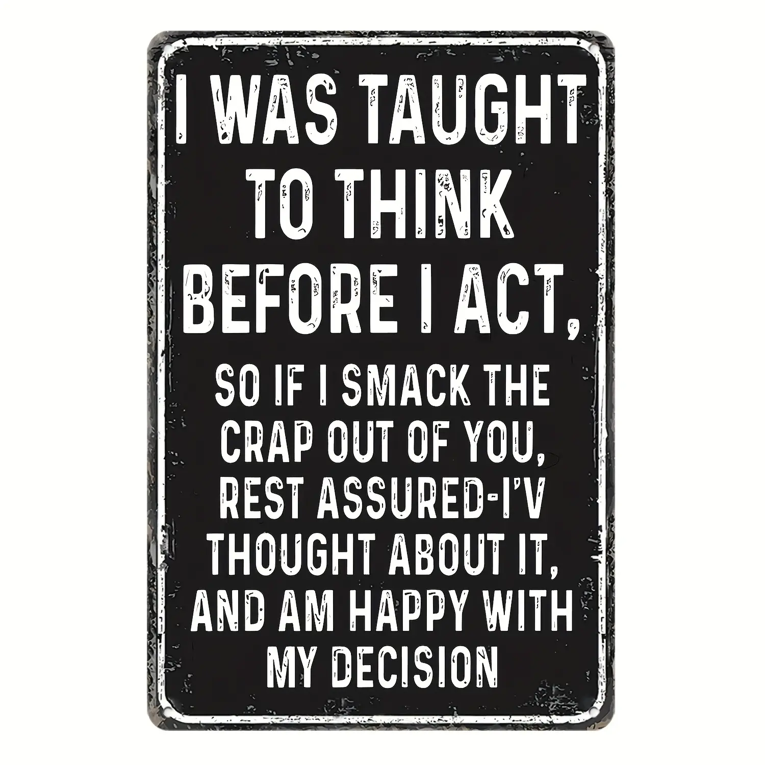 Vintage Black Lightweight Tin Sign - Trendy Casual Gorpcore Cartoon Manga Funky Swag Wall Decor, Funny Sarcastic "Think Before I Act" Rude Humor Plaque for Office Party, Gag Gift for Coworker (Baseball Fitness Themed Accent)