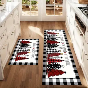2Pcs Colorful Christmas Tree with Black and White Plaques Checkered Rug Floor mat set for farmhouse kitchen Rug restaurant floor laundry room decor carpet mat Washable Kitchen Rugs Decorative Area Rug Home Decorative Rugs