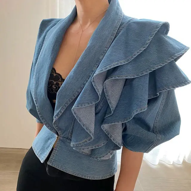 Women's Washed Light Blue V-Neck Cropped Denim Jacket - Ruffled Long Sleeves, Fitted Waist, Stylish Casual Style Cardigan Top, Party, Button, Woven, Xxl, Chic, Halloween, Do Not Dry Clean, New Year, Lady, Longsleeves
