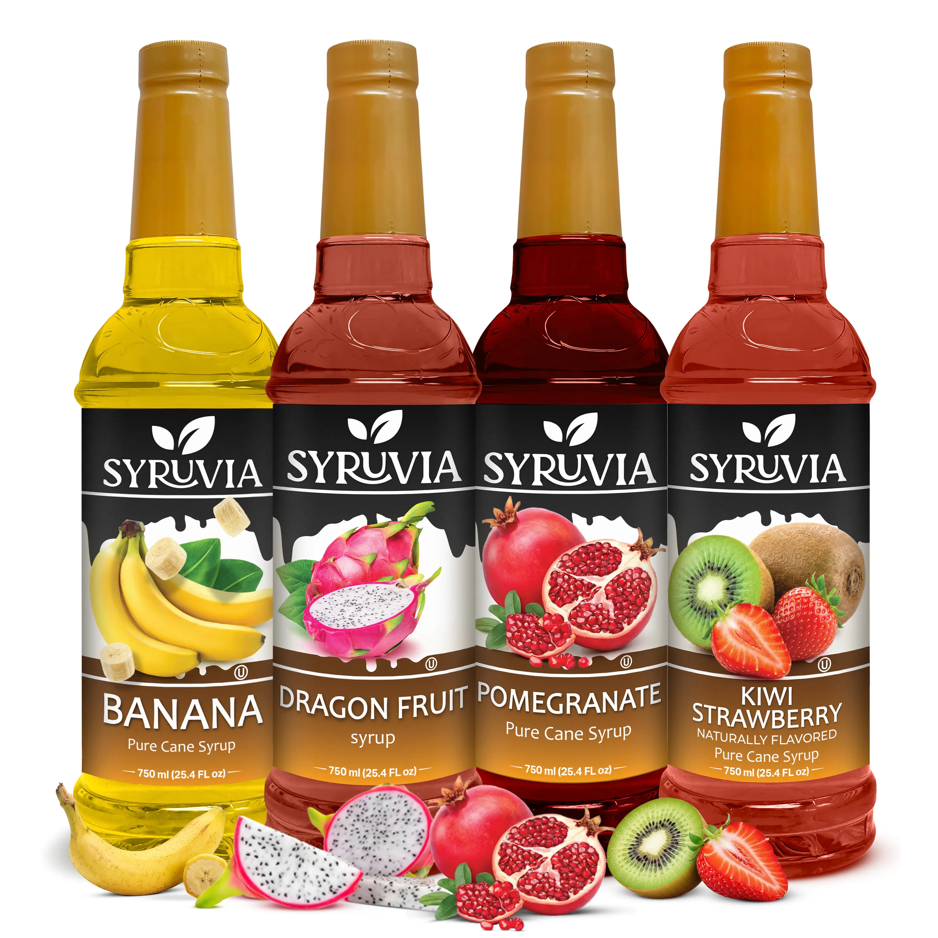 Syruvia Premium Sweet Flavored Syrup Variety Pack - Banana, Dragon Fruit, Pomegranate Tang, Kiwi Strawberry - For Cocktails, Lemonades - 25.4 oz Bottles (4 Pack)