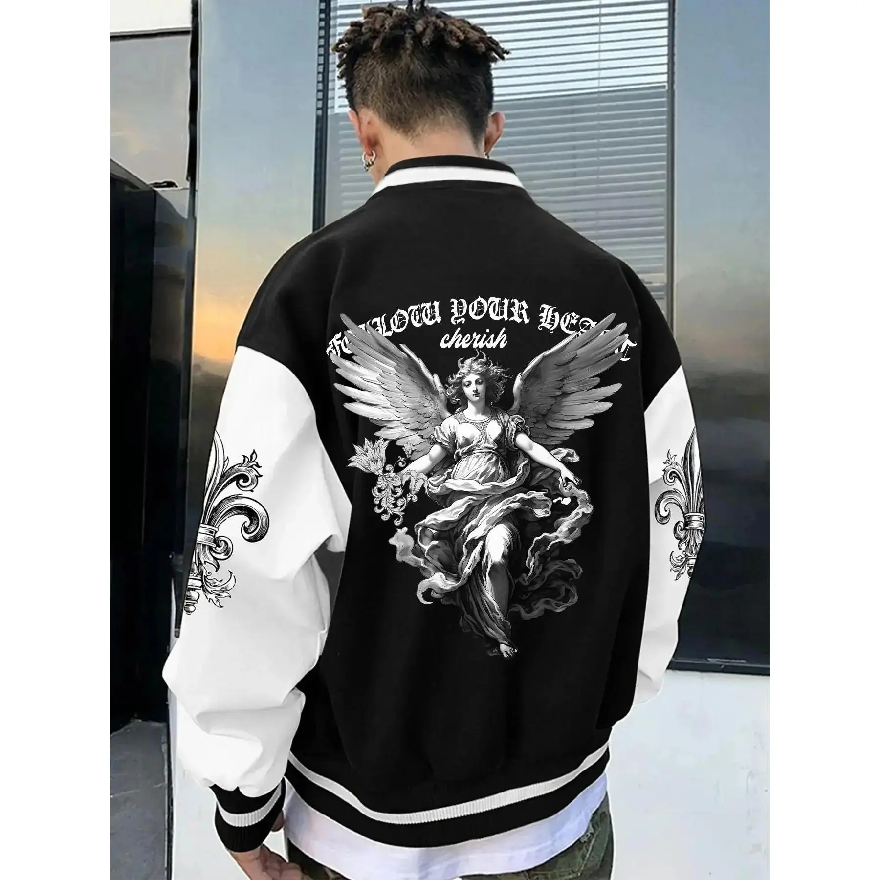Men's Patchwork Angel & Letter Print Button Front Varsity Jacket, Casual Drop Shoulder Long Sleeve Pocket Street Fashion Outerwear for Fall & Winter, Men's Clothes for Daily Wear