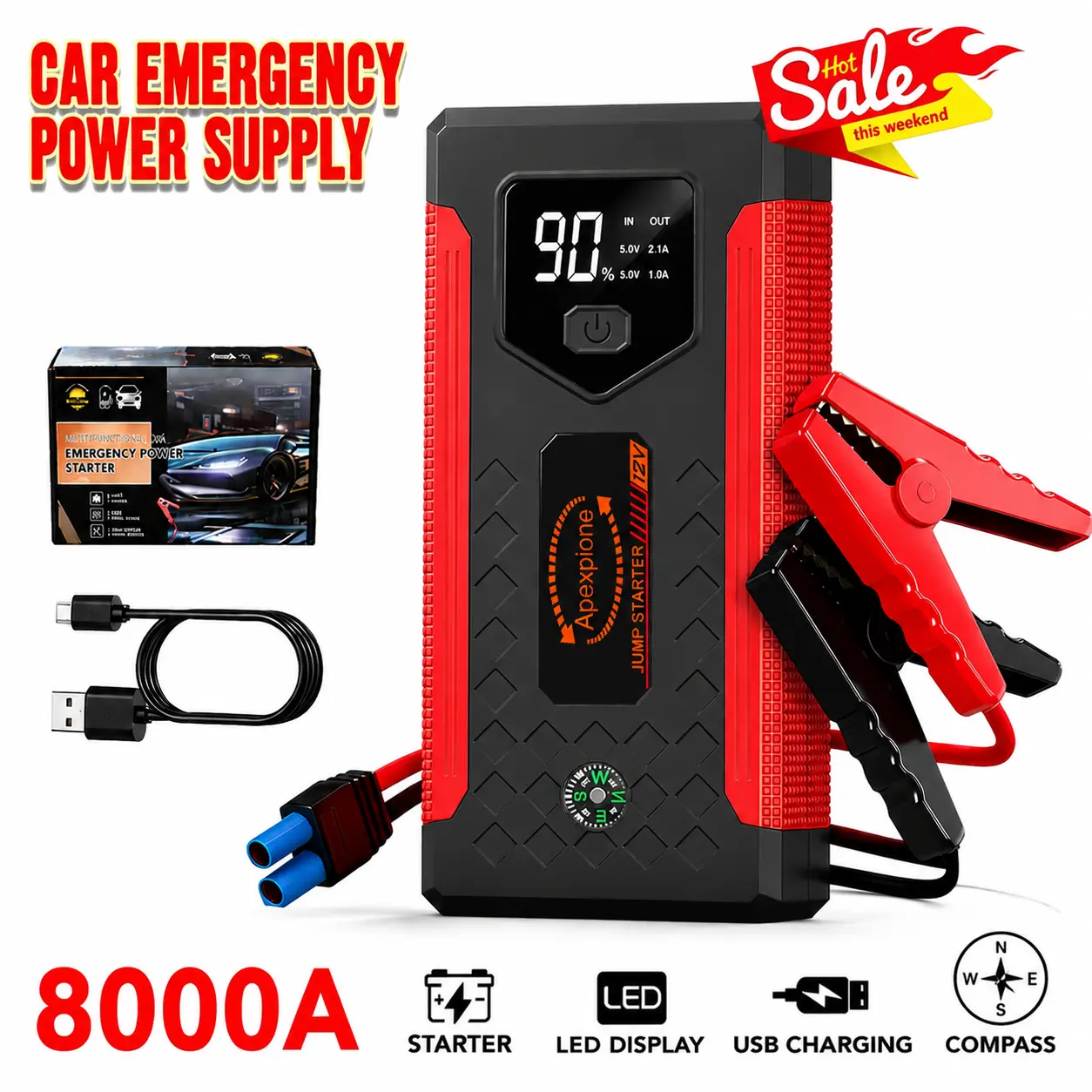 APEXPIONE  Portable Car Jump Starter 12V Battery Booster Power Bank with LED Emergency Light, LCD Display and Compass for Cars SUVs Trucks