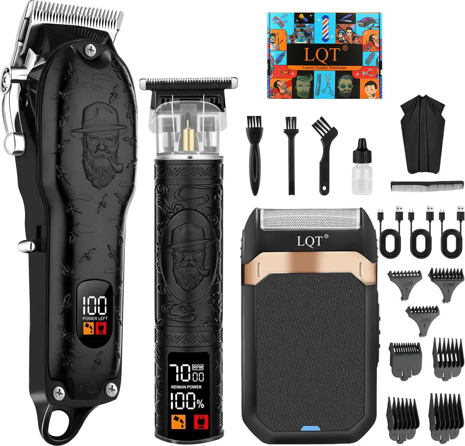 LQT Vintage Engraved Cordless Barber Clipper Set - 3-in-1 Adult Grooming Kit with Hair Clipper, Detail Trimmer, Foil Shaver, LCD Display, Rechargeable Batteries, Plastic Home Haircut Accessories, Adults, Battery Operated Hair Trimmers & Clippers