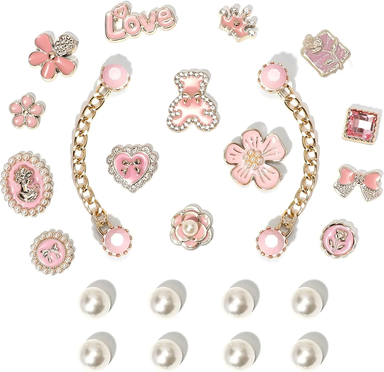 Pink Shoe Charms for Girls – 26pcs Cute Bow, Heart, Bear, Pearl & Gold Chains for Clogs/Crocs