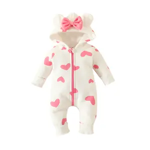Meihuida Baby Girls Romper Winter Warm Infant Baby Jumpsuit Romper Bear Ear Snowsuit Newborn Hooded Romper Warm Coat Heart/Cow Pattern Long Sleeve Zipper Button Romper