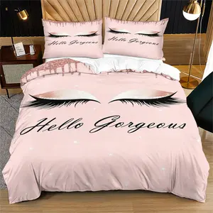 Eyelash pattern duvet cover set with fashionable letter print, including 1 duvet cover and 1/2 pillowcase, unfilled, soft and comfortable bedroom amenities, suitable for master bedroom, guest room, dormitory room, Bedroom Bedding Set