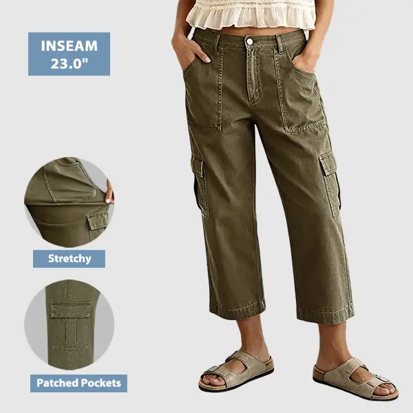 Flamingals Solid Flap Pocket Mid Rise Straight Leg Crop Pants Womenswear Stretchy 23" Inseam