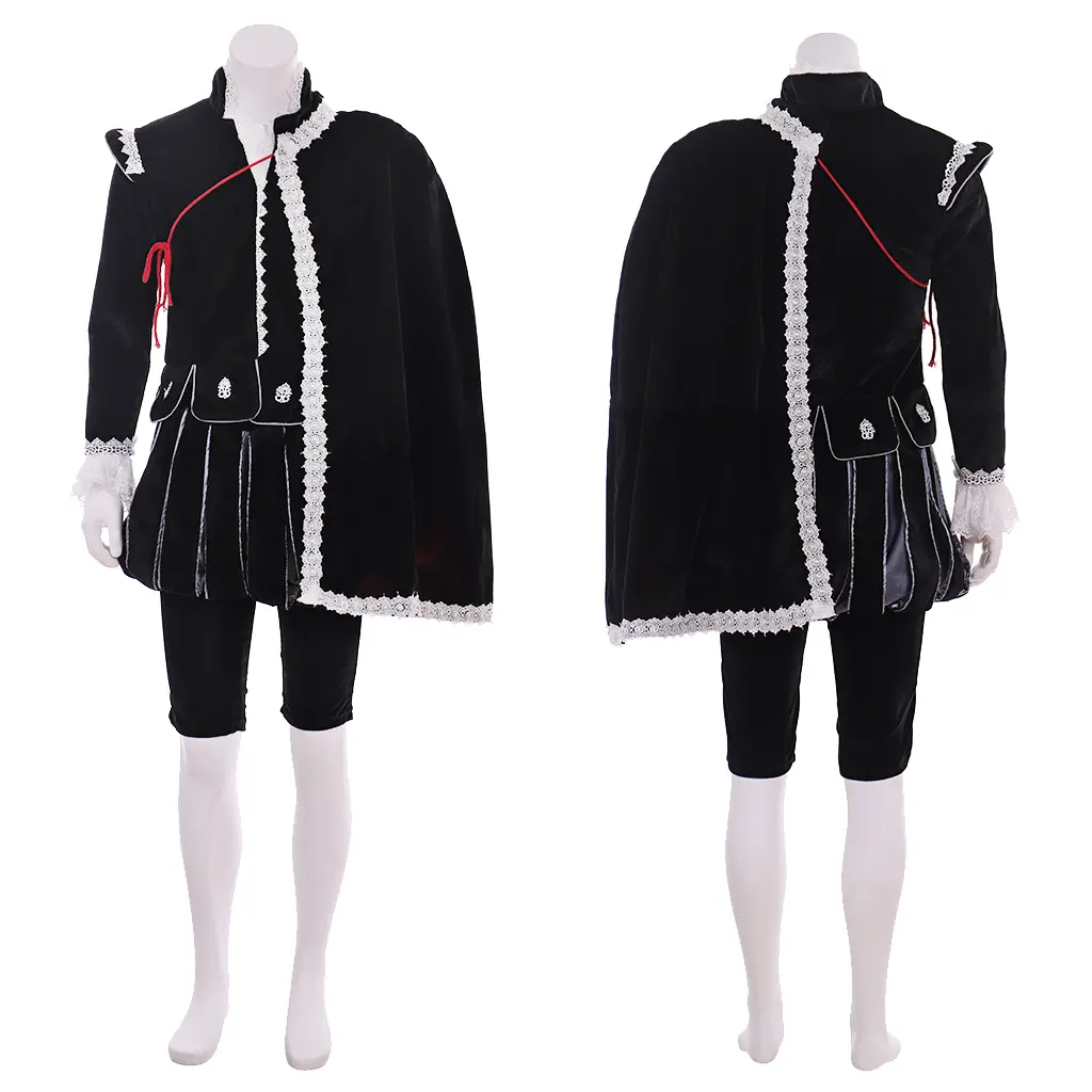 Men‘s Renaissance Elizabethan Tudor King Prince Costume Black Outfits with Cape Set Nobleman Court Suit