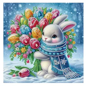Rabbit Holding Flower Pattern DIY Diamond Arts Colorful Painting Kit Crafts without Frame, 5D Diamond Decor Painting by Numbers Kit, Wall Art Decor for Home
