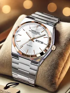 MEIRUIQI Men's Business Quartz Watch with Stainless Steel Strap White Dial Date Display High Quality Luxury Waterproof Watch