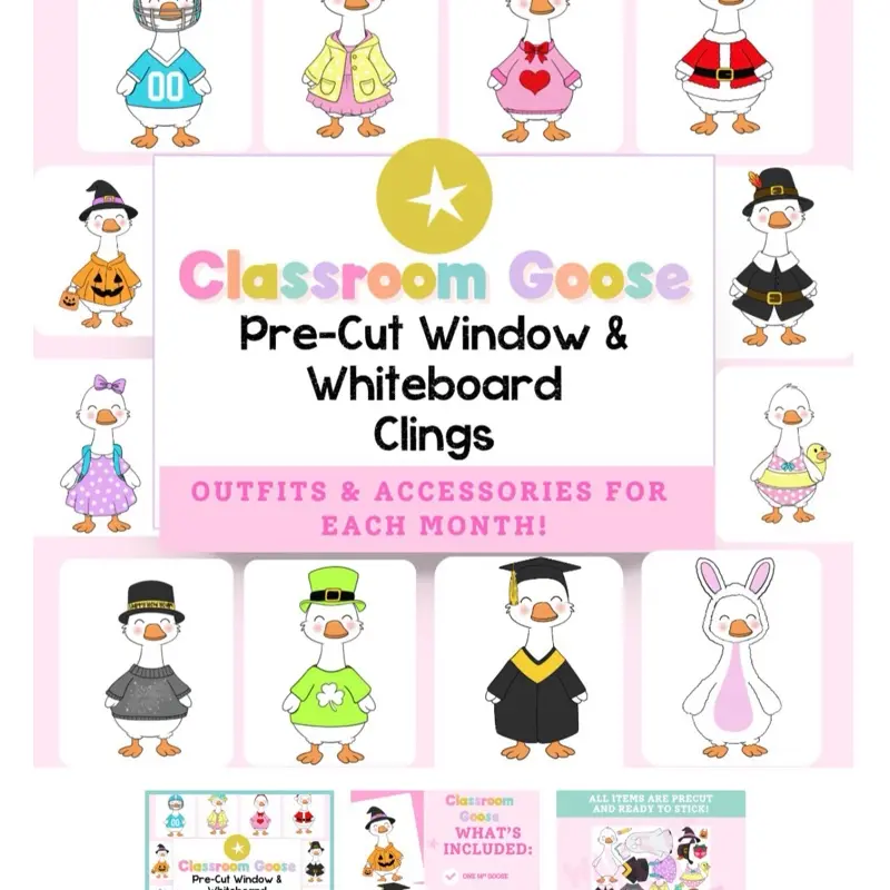 Silly goose Clings Window and Whiteboard Clings for Classrooms, Year-round outfits and accessories, pre-cut- Offices No Residue Removable and Reusable Peel and Stick Decor Window Stickers