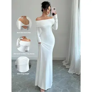 Sexy Fitted Long Sleeve Cinched Waist Double Layer Off-Shoulder Backless Twist Fishtail Hem Ribbed Knit Dress, White, Autumn/Winter Maxi Women Outfit