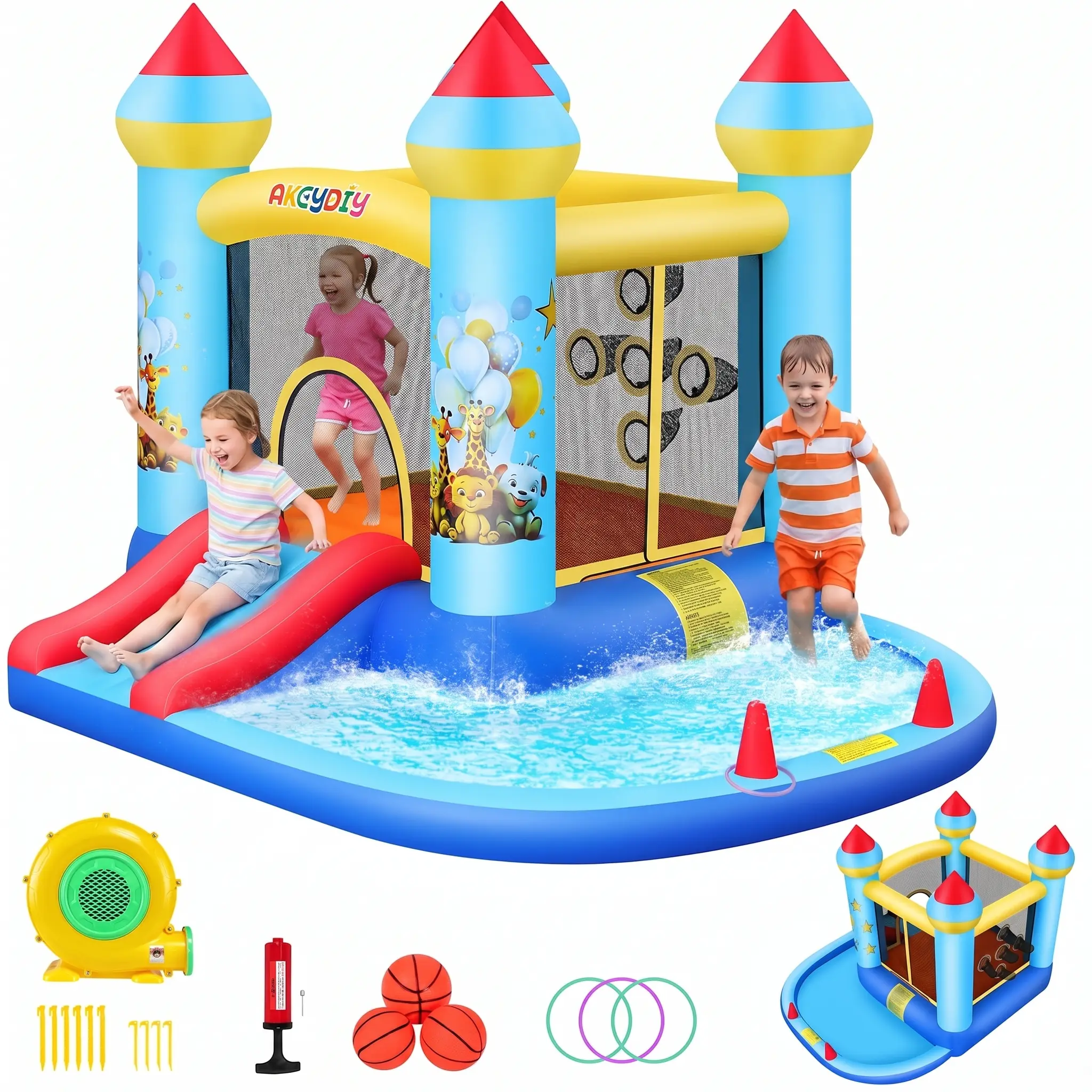 AKEYDIY Kids Inflatable Bounce House, Jungle Animal Party Themed Bouncer with 370W Blower, Slide, Ball Pit and Ring Toss Game, Durable & Safe Design for Indoor, Outdoor and Backyard All-Season Play, Ideal Gift for Kids, Summervibes