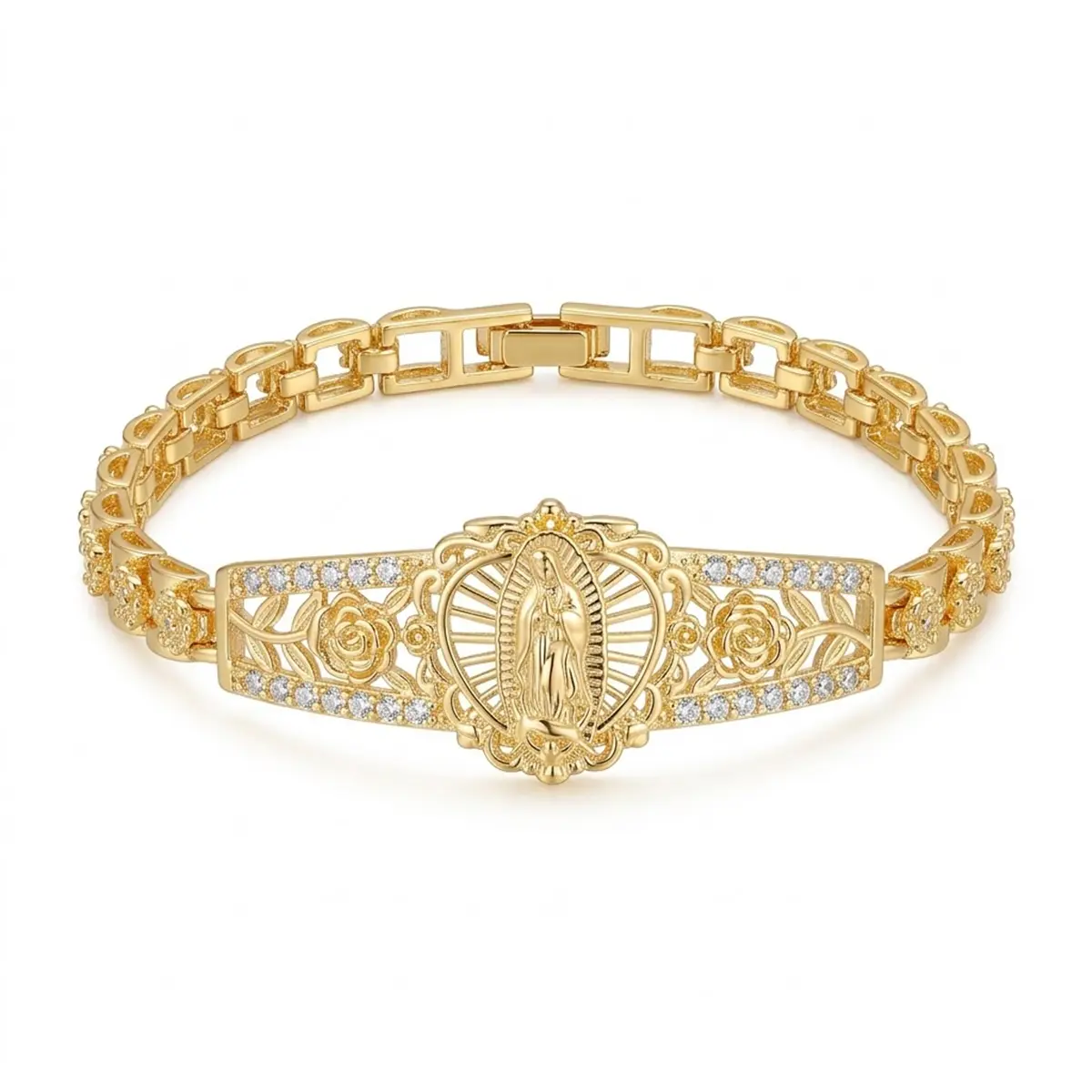 Women's Gold-Plated Stainless Steel Bracelet - Fashion Accessories with Exquisite Cubic Zirconia, Vintage Faithful Mary Art, Baptism-Ready Gift for Her, Bracelets, Bracelets For Women
