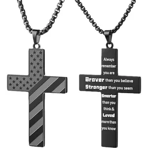 American Flag USA Stars & Stripes Cross Necklace for Men, Stainless Steel Pendant, Sweater Chain, Christmas Gift outdoorfun Motivational Message Patriotic Design