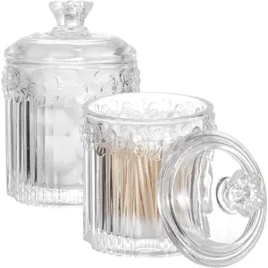 2 Pack Glass Qtip Holder Apothecary Jars with Lids, Bathroom Vanity Organizers & Makeup Storage Canister for Cotton Swabs, Balls, Pads, Floss Picks, Candy, Clear Bathroom Accessories