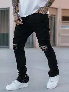 Men's Personality Distressed Jeans With Zippered Hem Casual Long Pants