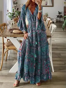 Boho Style Bell Sleeve Print V-Neck High Waist Summer Vacation Dress, Womenswear, Floral Long Bohemian Chic Dress for Women, 2026 Fashion Trendy