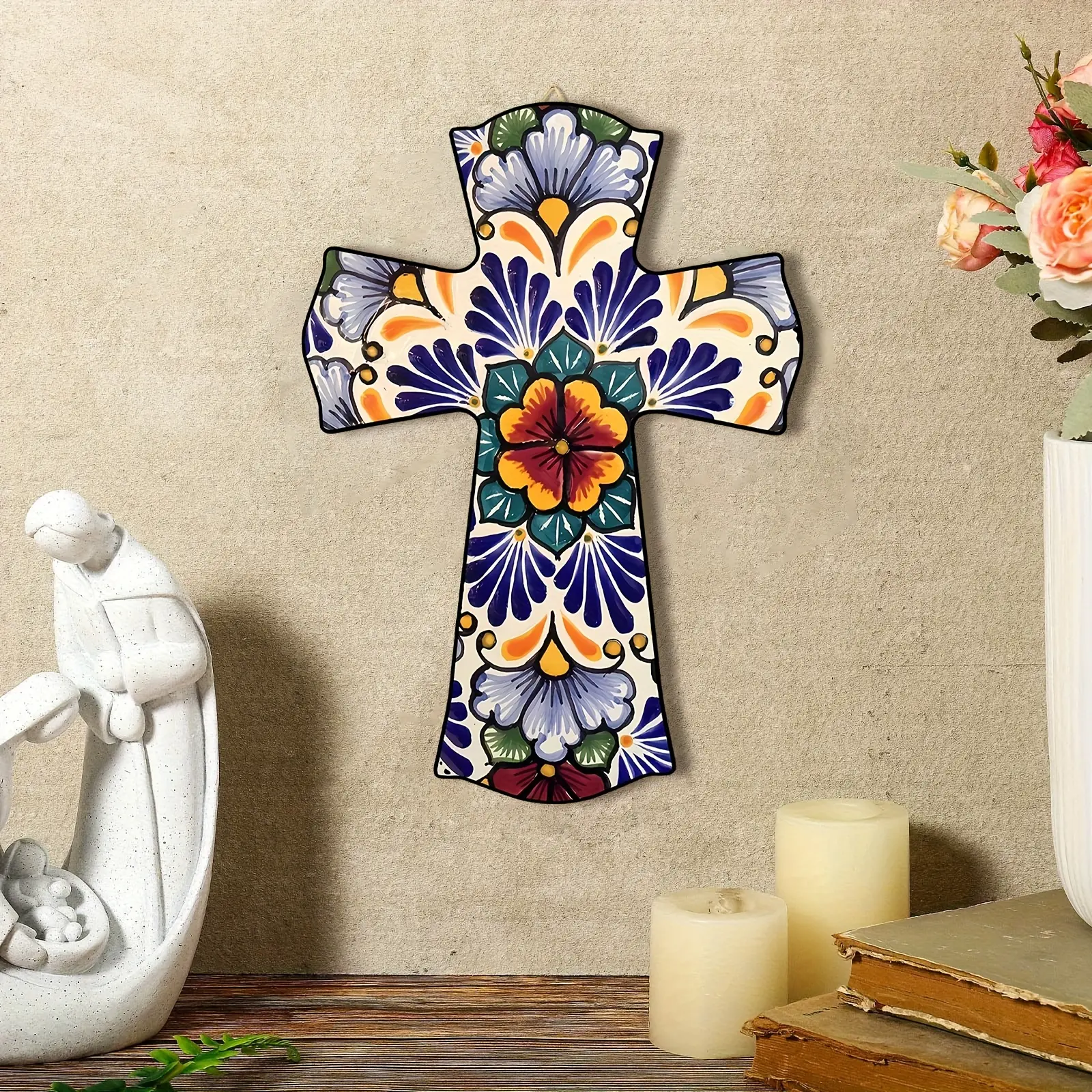Hand-Painted Mexican Ceramic Cross Wall Decor, Vibrant Floral Pattern with Artificial Wood Frame, Indoor Religious Decoration, Stylish Religious Decor, Spiritual Wall Decor, Religious Home Decor