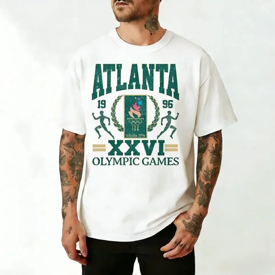 Stylish Men's Streetwear T-shirt with Retro Atlanta 1996 Graphic, Casual Round Neck Menswear Top in Soft Breathable Cotton, Relaxed Fit, Shortsleeve, Unisex