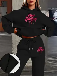 Women's Stay Humble Two Piece Tracksuit - Black Crop Top Hoodie & Pants Set with Trendy Pink Graphic Casual Trendy Outfit Sweat Suit Set Sweatsuit Matching Set