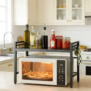 Expandable Microwave Stand, Metal Kitchen Countertop Organizer Shelves with 6 Hooks,Bakers Rack,Microwave Shelf,Microwave Oven Rack, 55lbs Weight Capacity