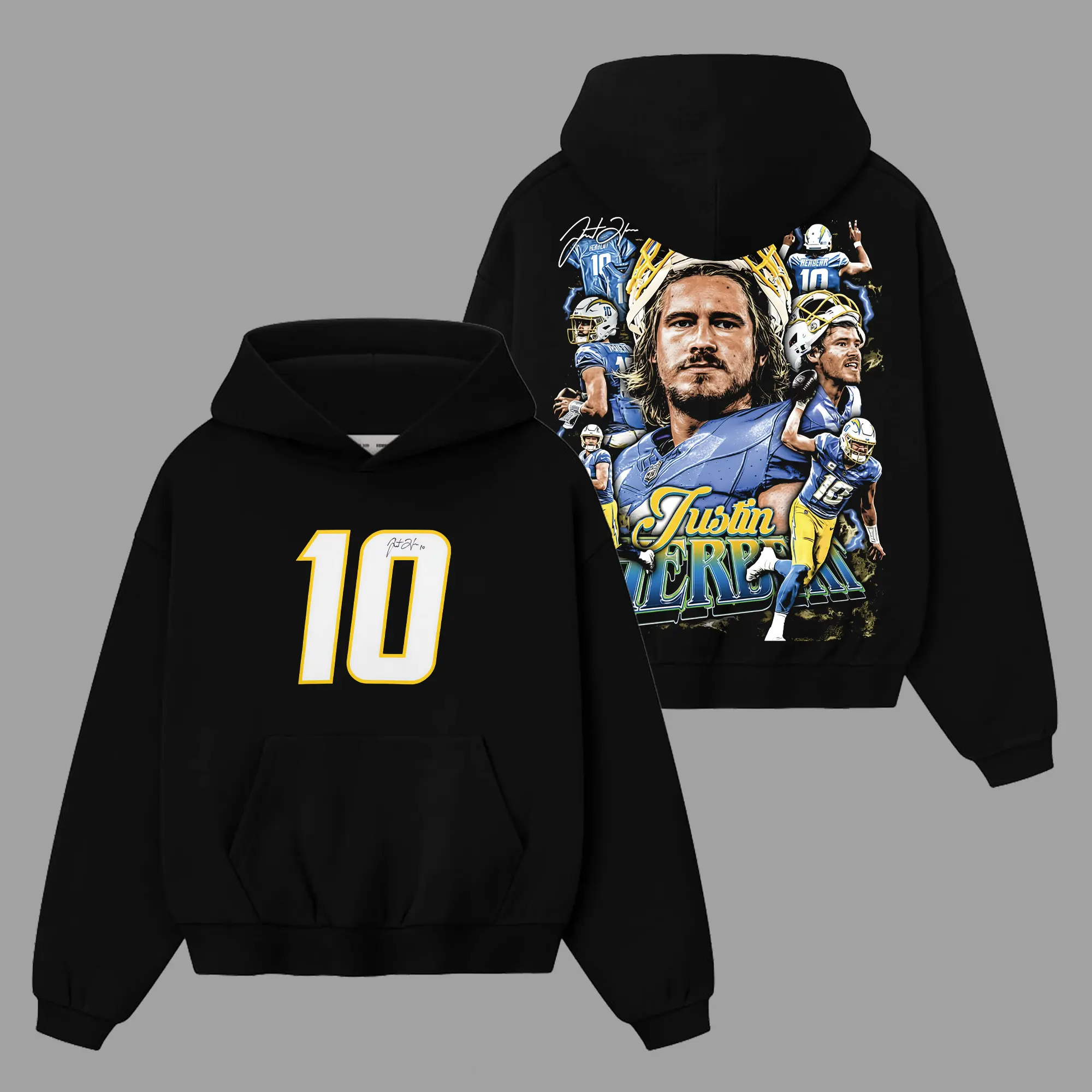 Justin Herbert - Herbo #10 For Chargers Nation Cotton Hoodie Sweatshirt T-Shirt (Made In US), Bolt Up! Outfit, Game Day Outfits, Gift For Football Fans, Football Graphic Hoodie