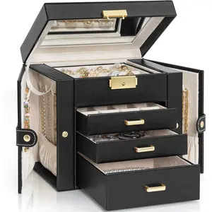 4-Tier  Box Leather  Storage Organizer with 3 Drawers Lockable for Women Girls Ring Necklace Earring Bracelet Holder with Mirror Black