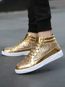 Shiny Silver Color High-Top Casual Shoes, Luxurious Party Style Mirror Panel Thick Sole, Breathable Inner Lining Non-Slip Rubber Bottom Footwear