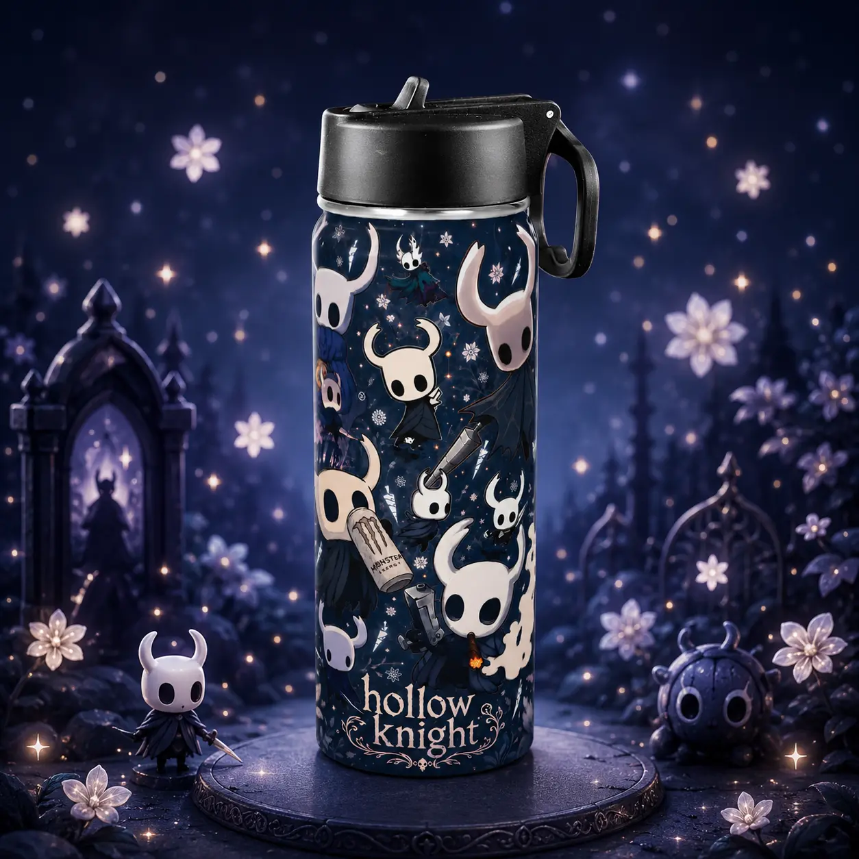 20oz Insulated Stainless Steel Leak-Proof Tumbler - Hollow Knight Aesthetic Water Bottle with Foldable Straw, Handle, Vacuum Flask for Hot/Cold Drinks, Gaming Setup Essential, Desk Decoration, Gift Choice for Gamers