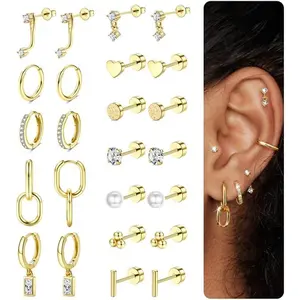 12 Pairs Hypoallergenic Flat Back Earrings for Women - 14K Gold Stainless Surgical Steel Cartilage Earring Stacks Set Small Tragus Conch Daith Helix Piercing Jewelry Dangle Stud Hoops Silver