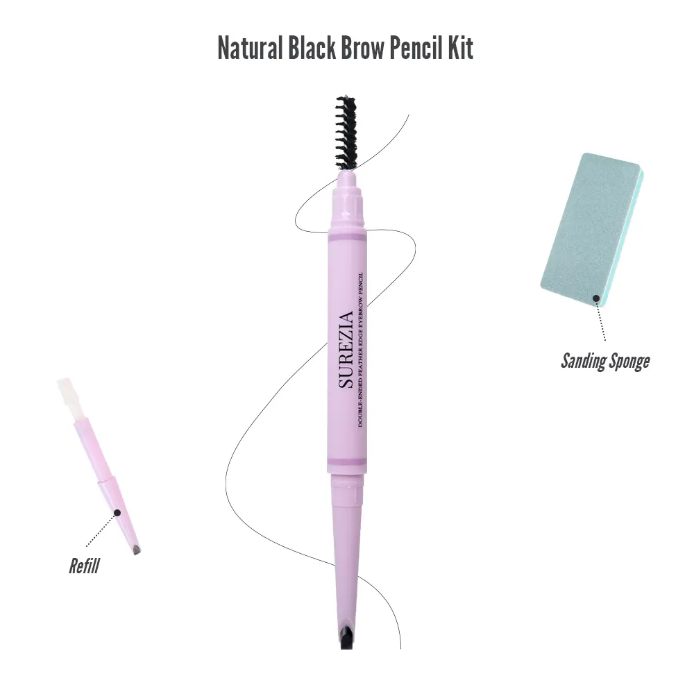 Natural Black Only SUREZIA Feather Edge Brow Pencil 3-in-1 Kit (Pencil + Refill + Sanding Sponge) Dual-Effect Tip for Two Looks Stays Sharp
