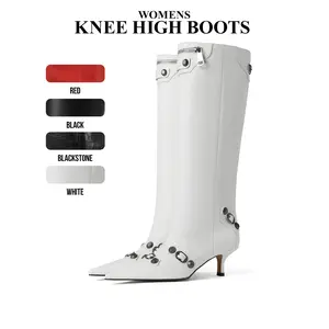 CYNLLIO Women’s Knee High Boots Kitten Heels Pull on Sexy Pointed Toe Boots Zipper Studded Fashion Comfy Leather Boots