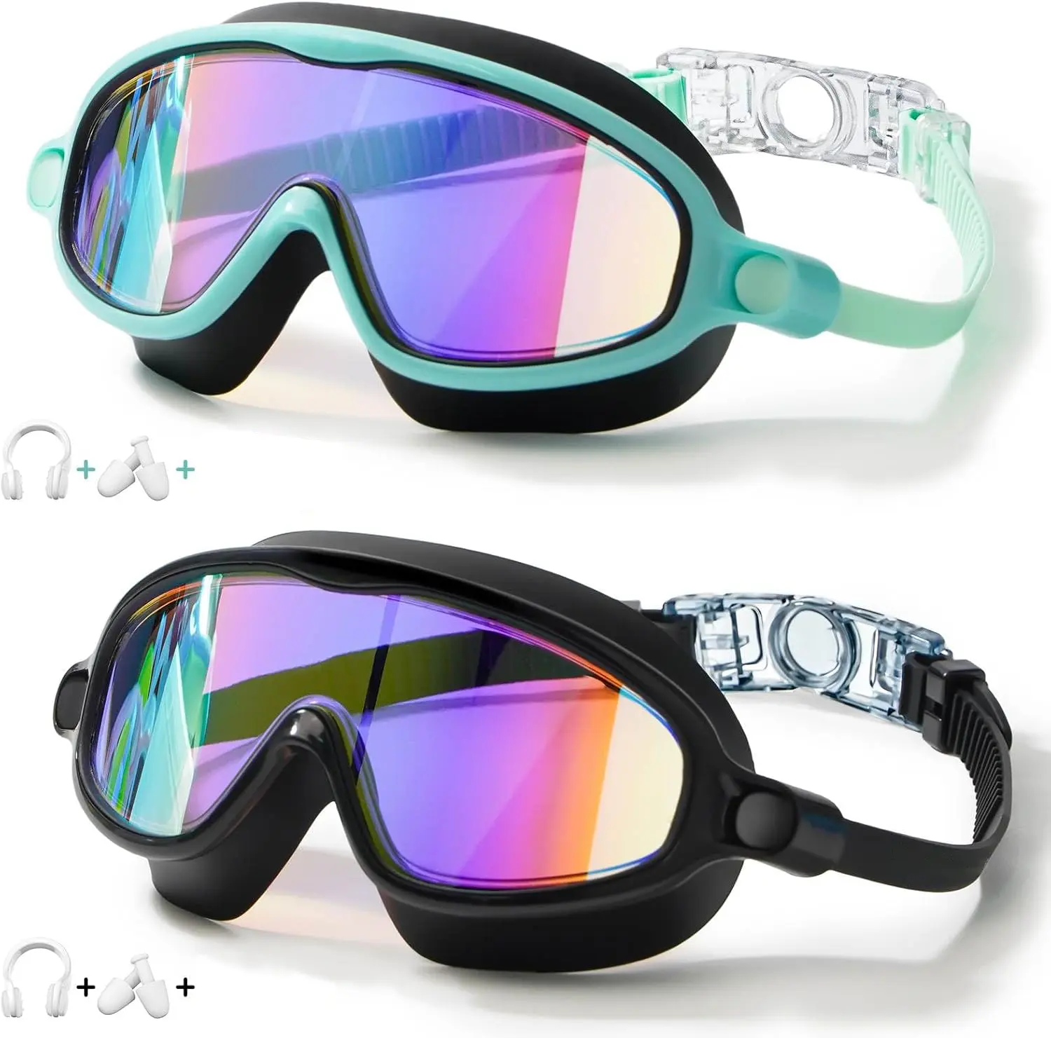 GMOX Swim Goggles 2 Pack Anti-Fog Anti-UV Wide View Swimming Goggles for Kids 3-14, 180° Clear View No Leak for Pool Beach