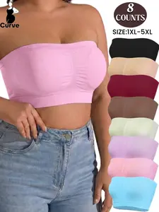 Seamless Plus Size Women's Comfortable Breathable Elastic Strapless Bra Set,No Padding,Min Support,Sleep Bandeau Underwear, Pure Color Basic Top,Soft&Stretch,Casual Daily Home Wear,All Seasons