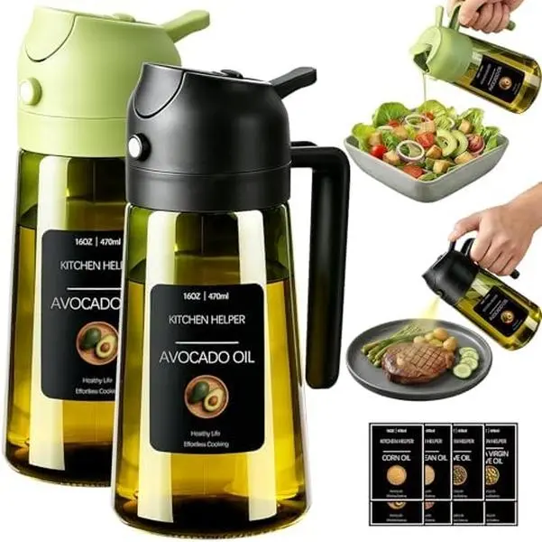 2-in-1 Premium Kitchen Glass Olive Oil Dropper & Cooking Sprayer | Food Grade, Spill Proof, Automatic Flip Cap - Durable Kitchenware for BBQ, Outdoor & Kitchen Use, Olive Green Or Clear Color Random