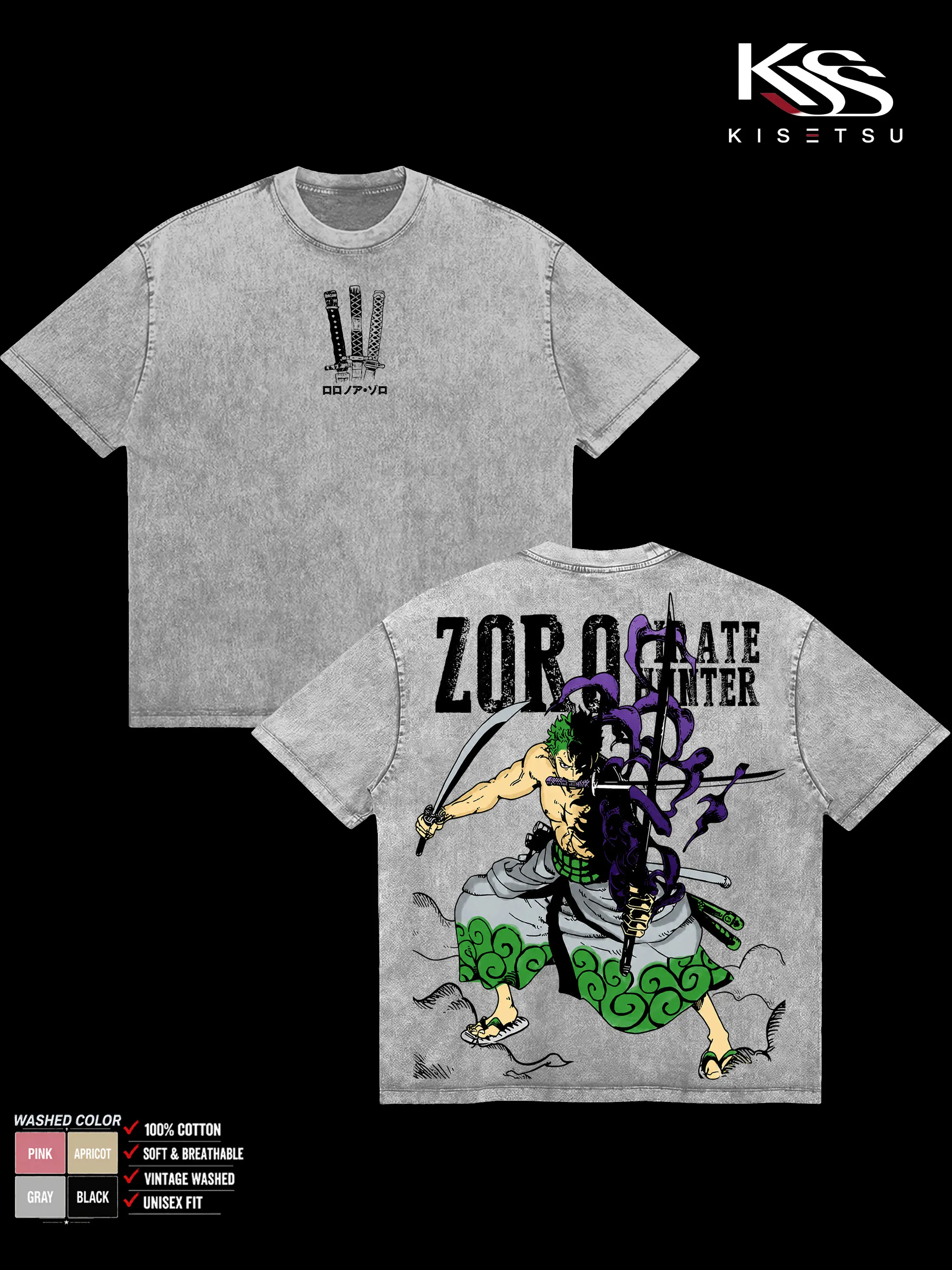 Zoro One Piece Anime Graphic T-Shirt, Three Sword Style Double Sided Tee, Vintage Washed Soft Cotton Menswear Top, Classic Casual Streetwear Clothes, Gift for Fans